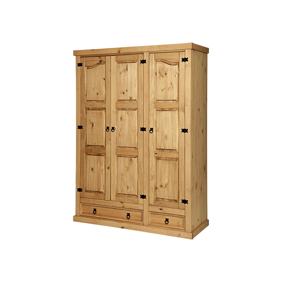 Armoire en pin massif avec trois portes et deux tiroirs, vue de face