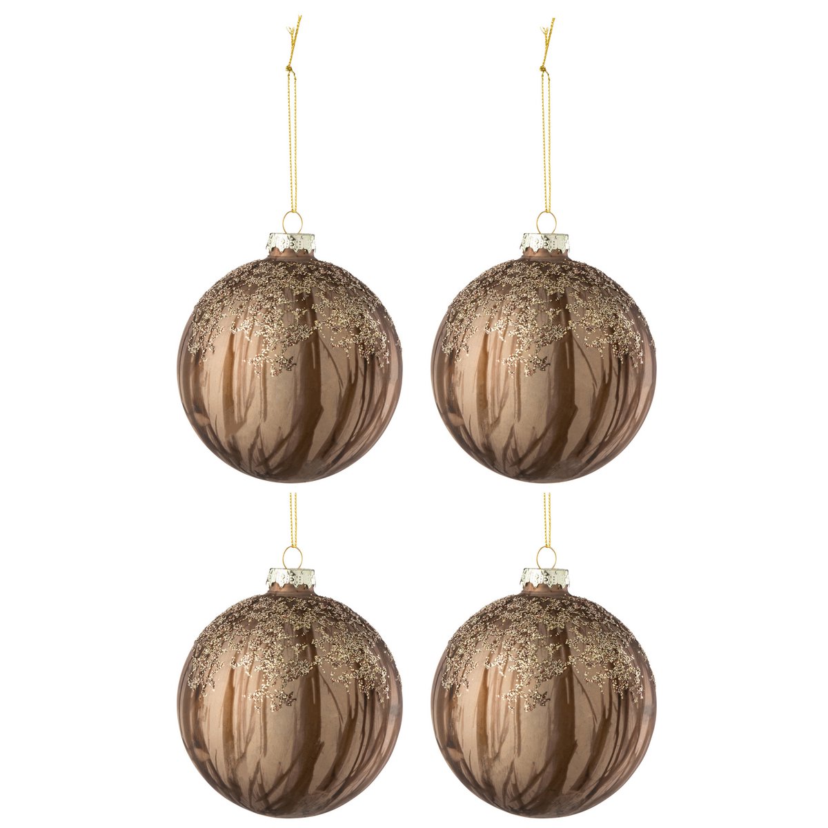 Boules de Noël J-Line en verre marron avec motifs de lignes et paillettes