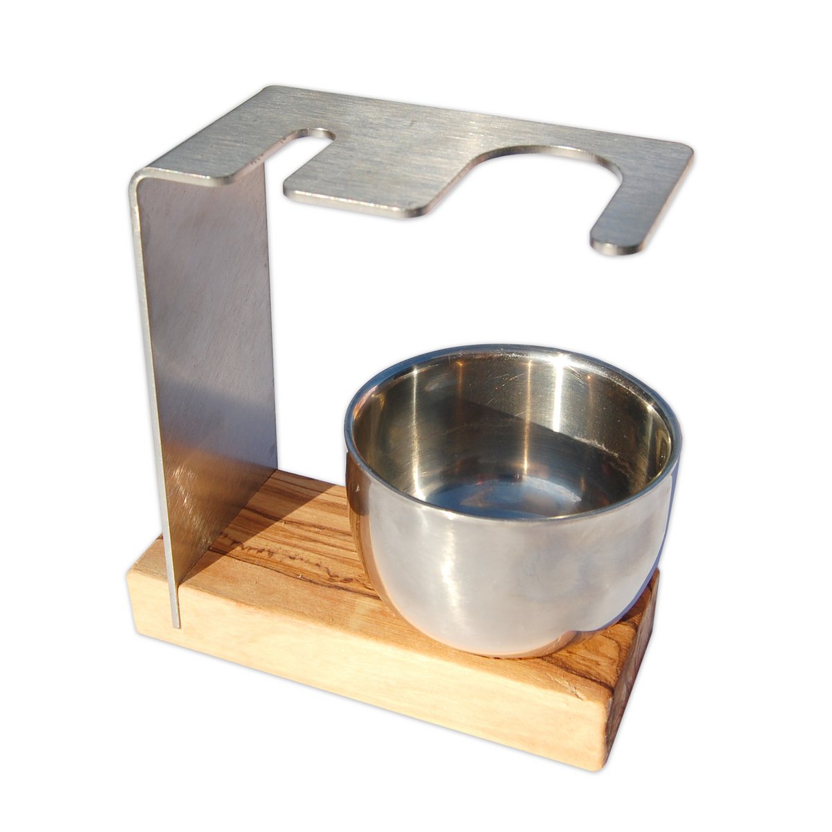 Support blaireau et rasoir humide Sylt en inox et bois d'olivier