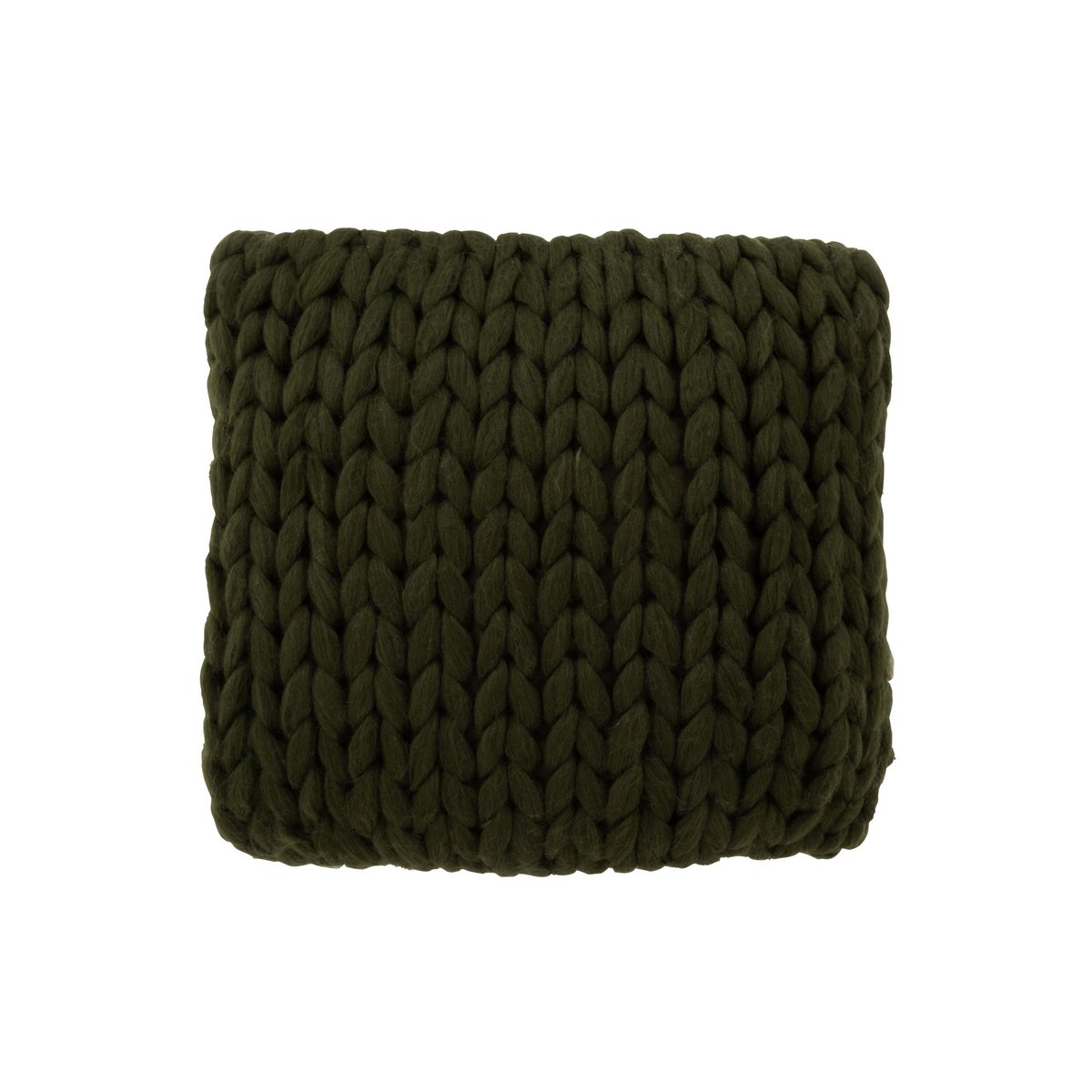 Coussin J-Line tricoté vert sur canapé, ambiance cosy