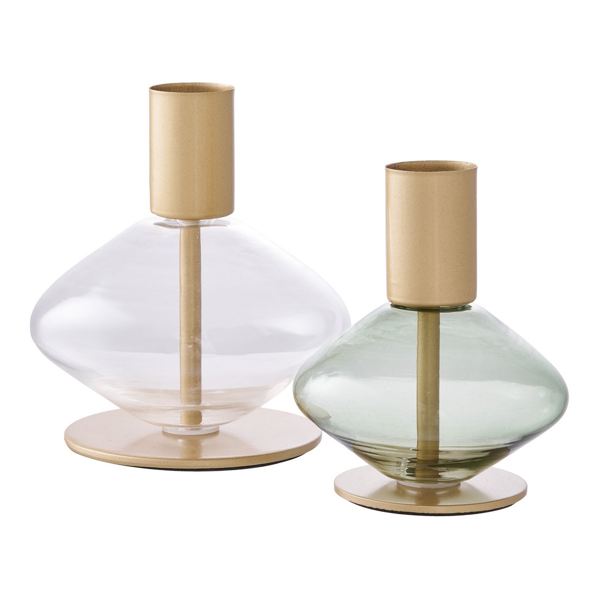 Bougeoir en verre transparent et métal doré, ensemble de deux