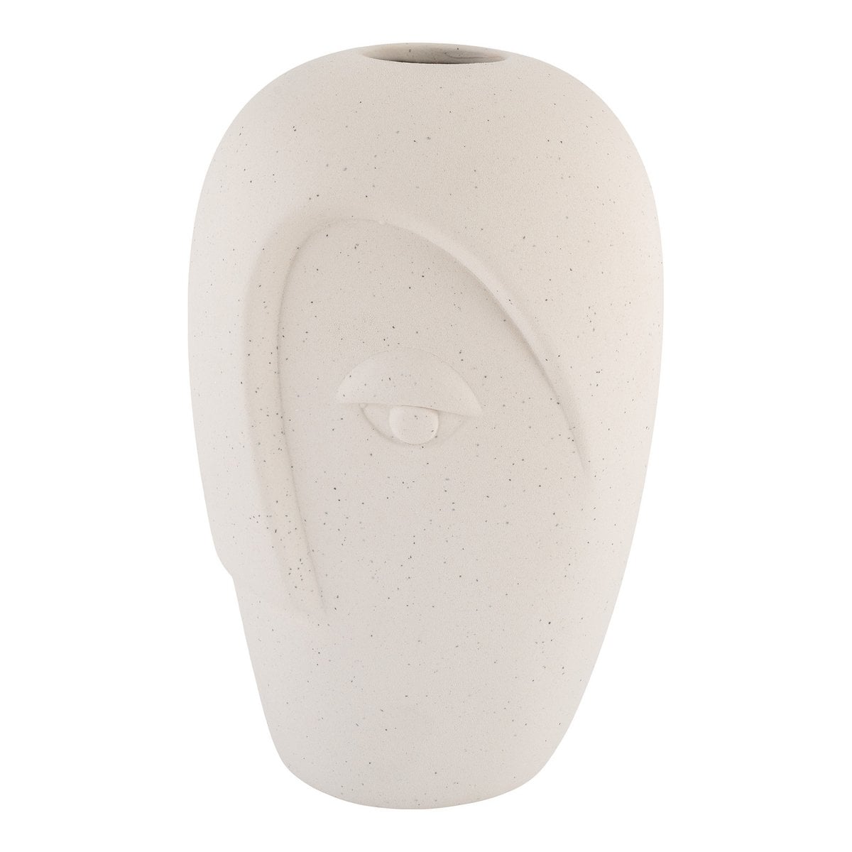 Vase en céramique sable avec design de visage stylisé, vue de face