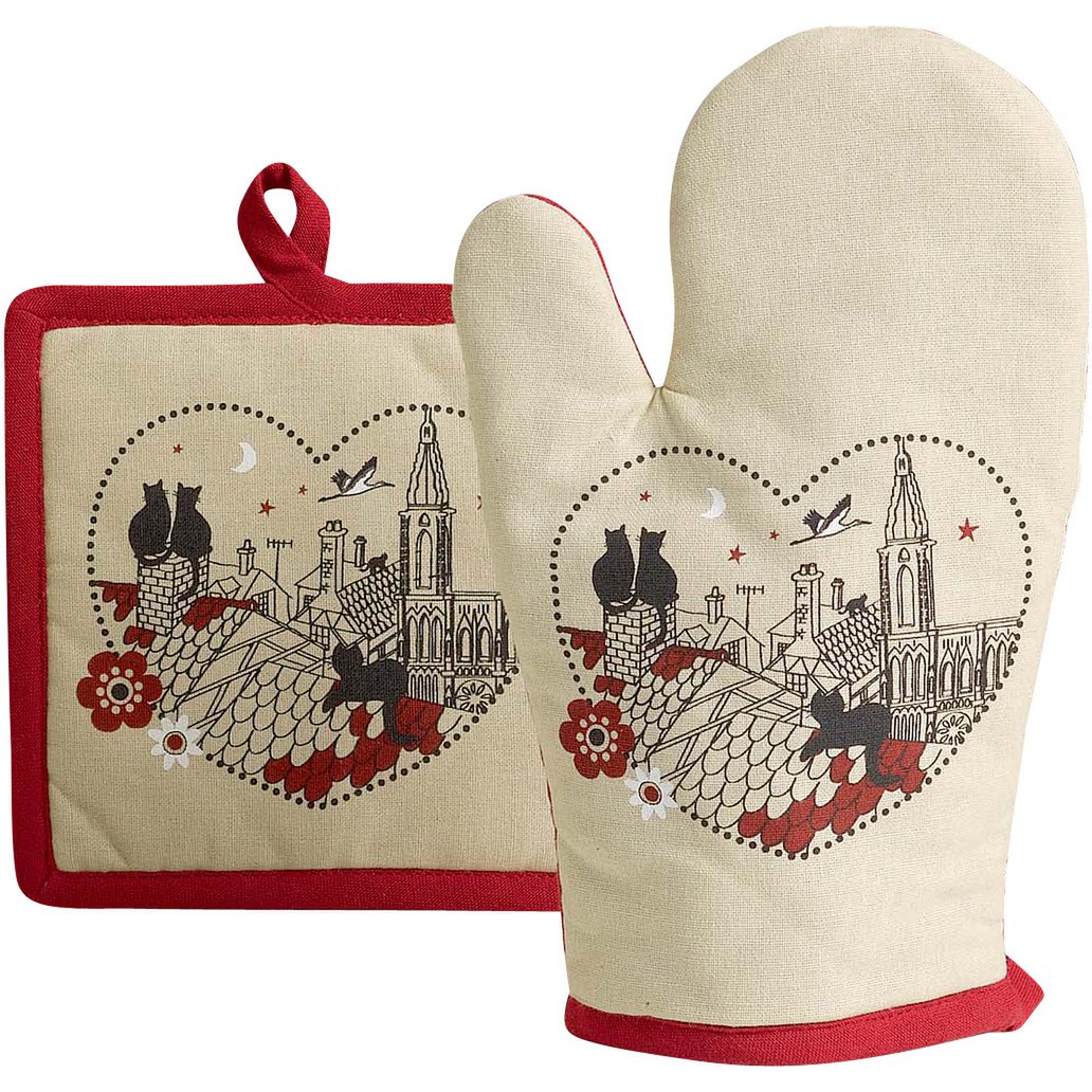 Gant de cuisine Chats Coeur Beige avec motif de chats en forme de cœur
