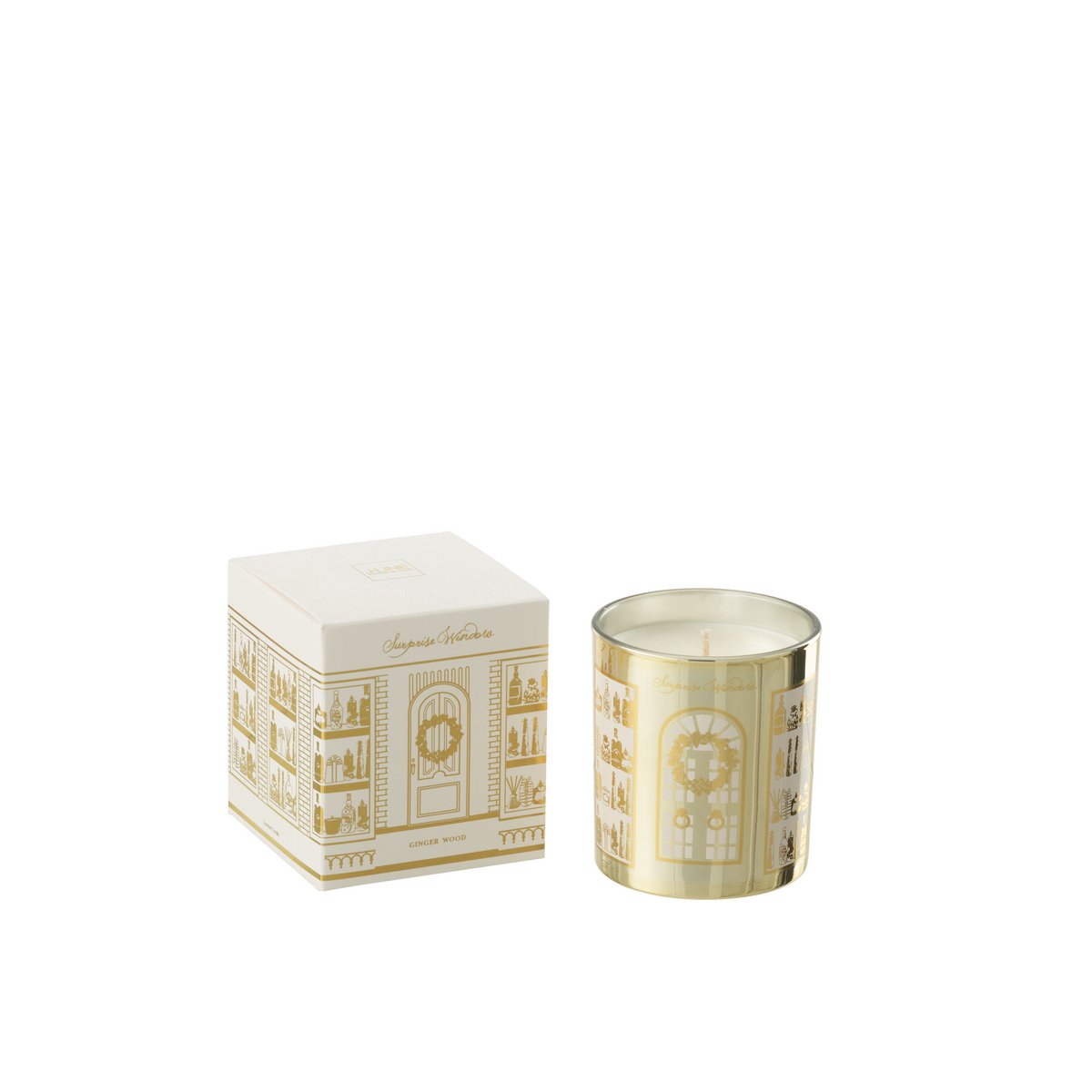 Bougie parfumée J-Line Surprise Window sur une table élégante, ambiance chaleureuse