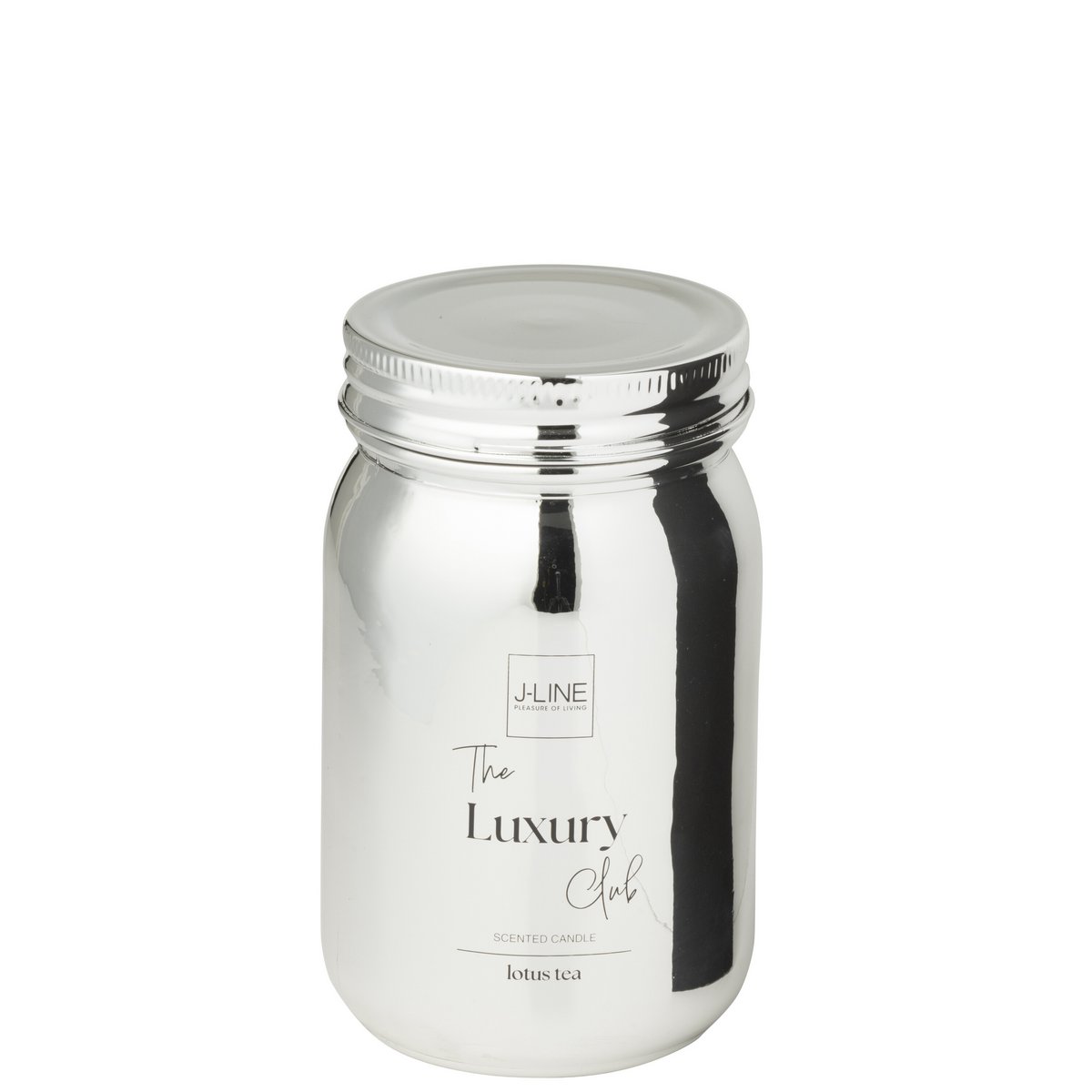 Bougie parfumée J-Line en verre argenté, vue de face