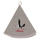 Essuie-mains rond brodé Cigogne envol Gris diamétre 60 cm