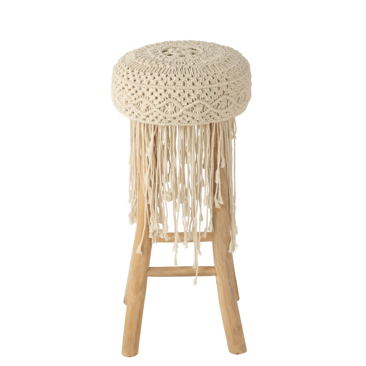 Chaise de bar J-Line en bois et macramé blanc, vue latérale.
