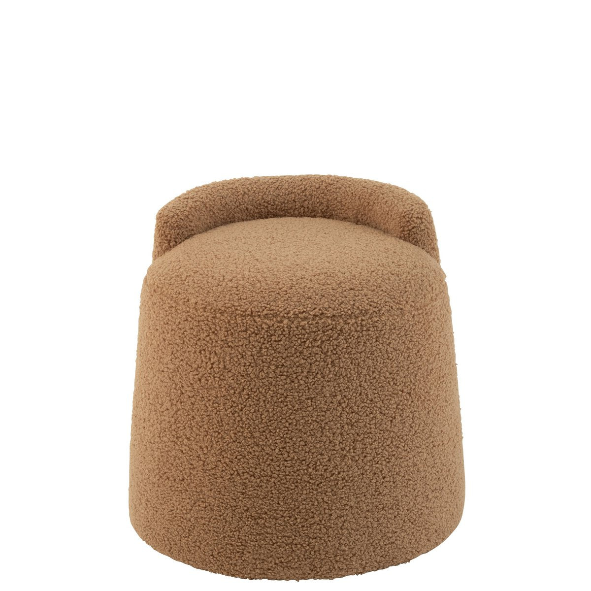 Détails du pouf Teddy en bouclé camel sur fond neutre