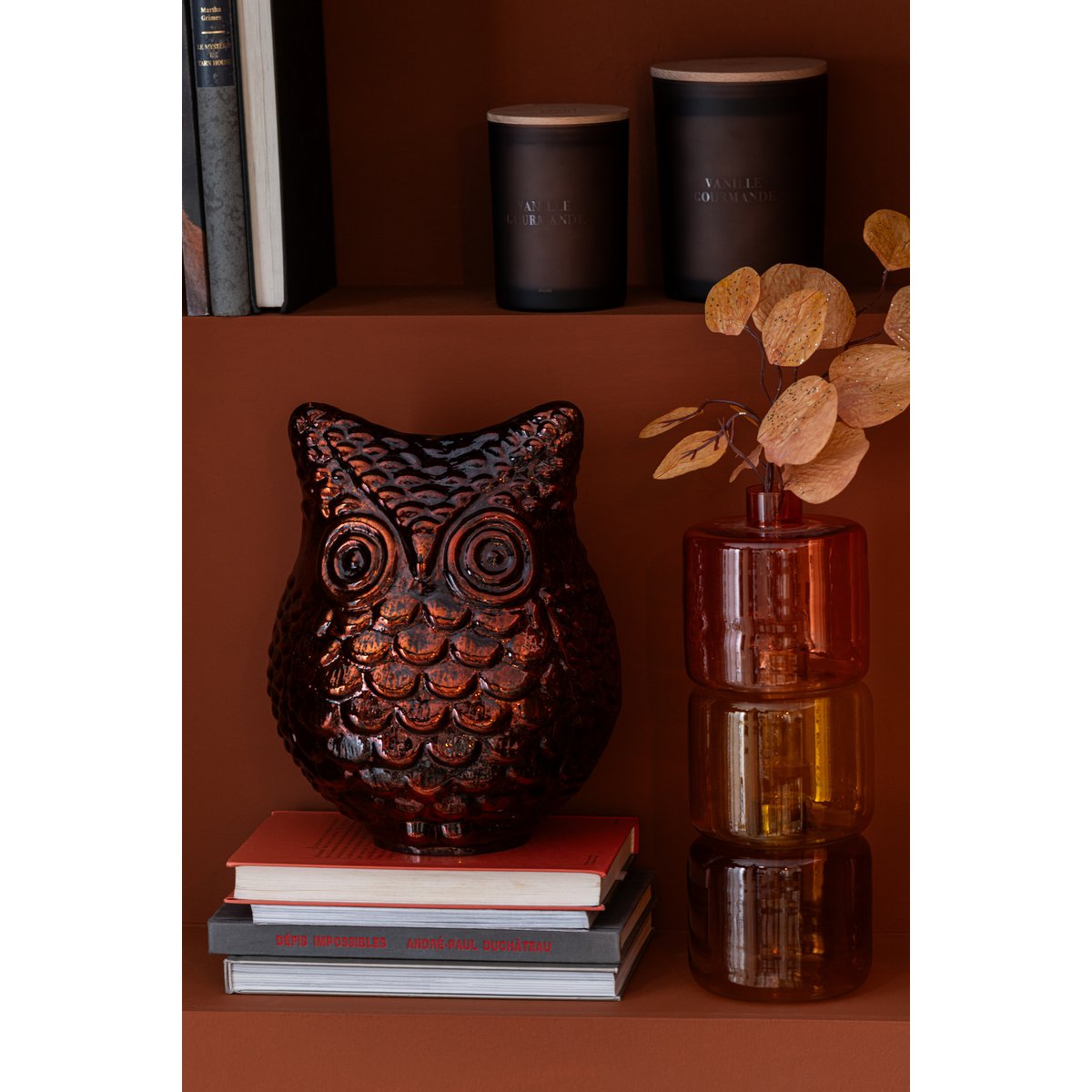 Hibou en verre marron rouille J-Line - détail du plumage