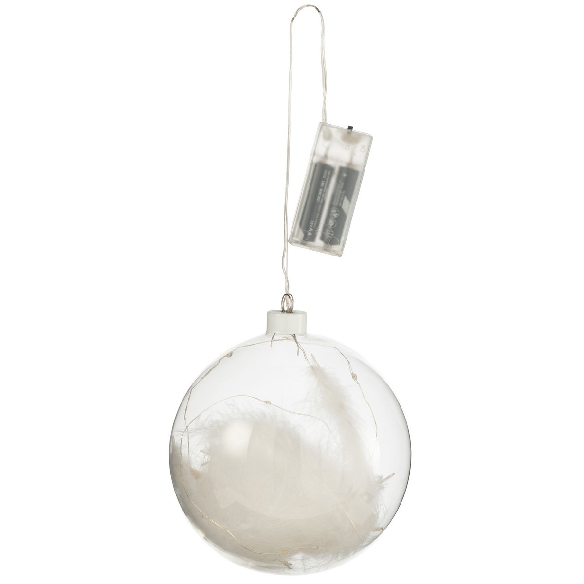 Boule Plumes LED J-Line en verre blanc, vue de face avec lumière allumée