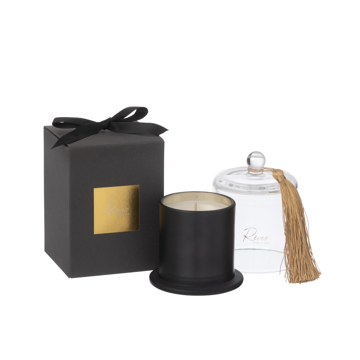Bougie parfumée J-Line Stolp Rêves Noir - vue avant avec étiquette élégante