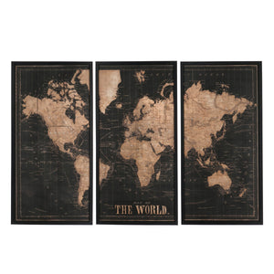 J-Line Lot de 3 Cadres Carte du Monde Bois Noir/Marron