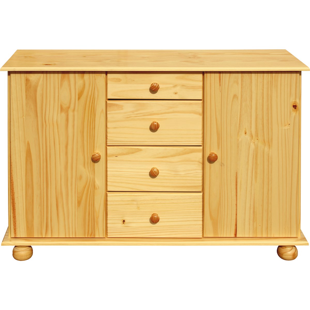 Vue de face de la commode en bois de pin massif avec tiroirs