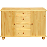 Vue de face de la commode en bois de pin massif avec tiroirs