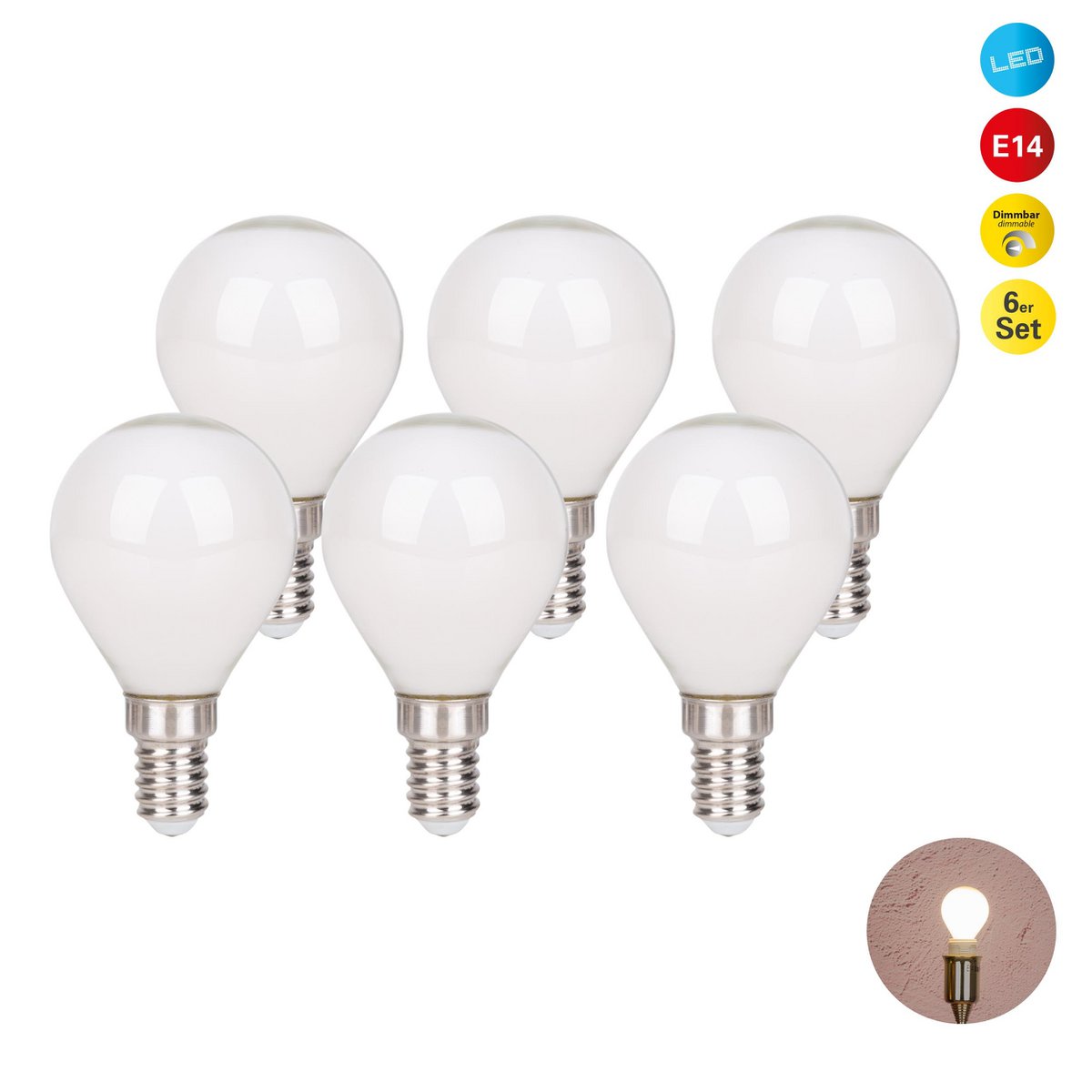 6 Set LED lampe avec douille E14, forme de poire 4 watts, en métal et en verre, laiteux