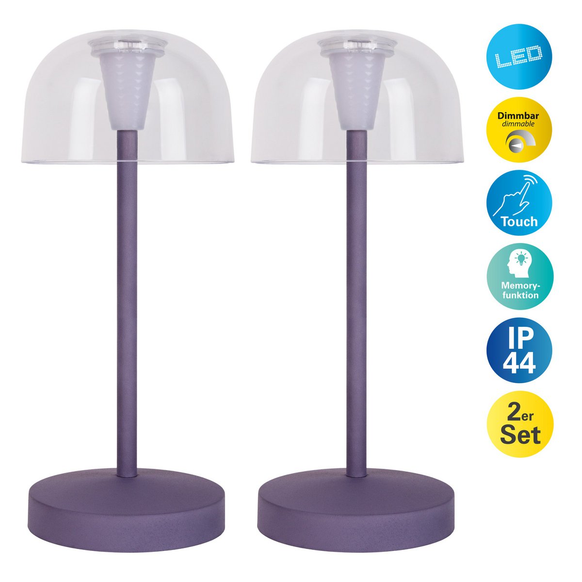 Table de batterie à LED à 2 ert "Gomba" pour l'extérieur et à l'intérieur, en métal et en plastique en mûre, 18,5 cm de haut