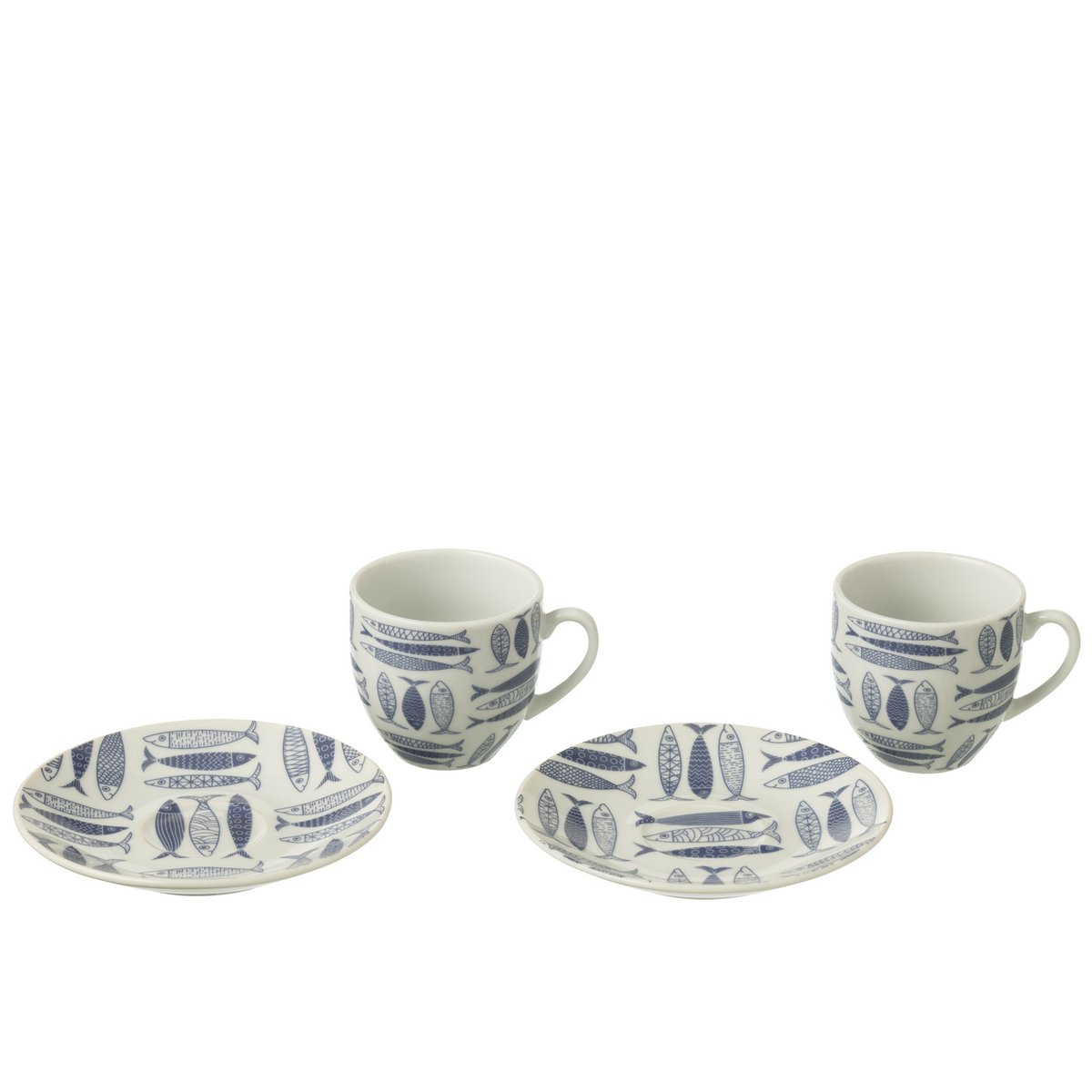 Boîte J-Line avec 6 tasses et bol poisson en céramique bleu foncé, vue d'ensemble.