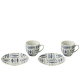 Boîte J-Line avec 6 tasses et bol poisson en céramique bleu foncé, vue d'ensemble.