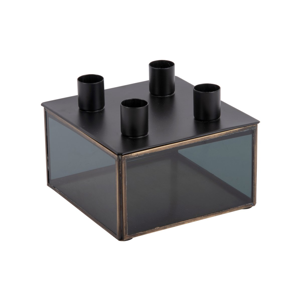 Bougeoir carré en verre et métal noir avec quatre emplacements pour bougies.