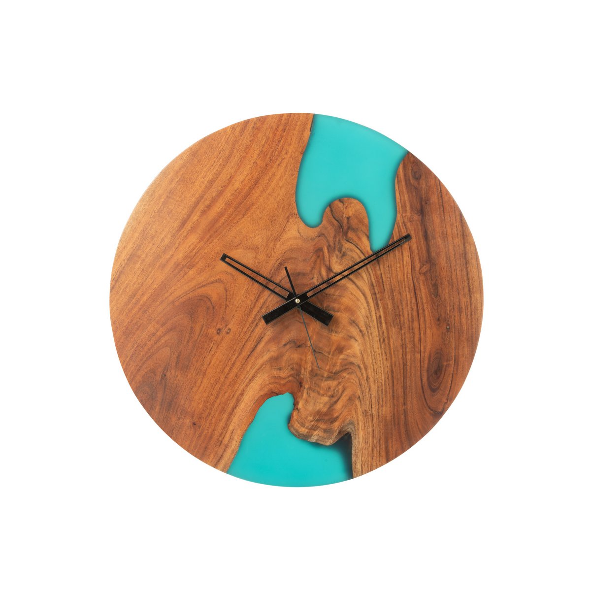 Détail de l'horloge J-Line Modern Acacia, mettant en valeur le bois naturel et le bleu