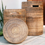 Grand panier à linge avec couvercle - panier rond tissé - panier de rangement boho brun - panier de rotin décoratif (2 tailles Ø 36/40 cm) Sari (marron)