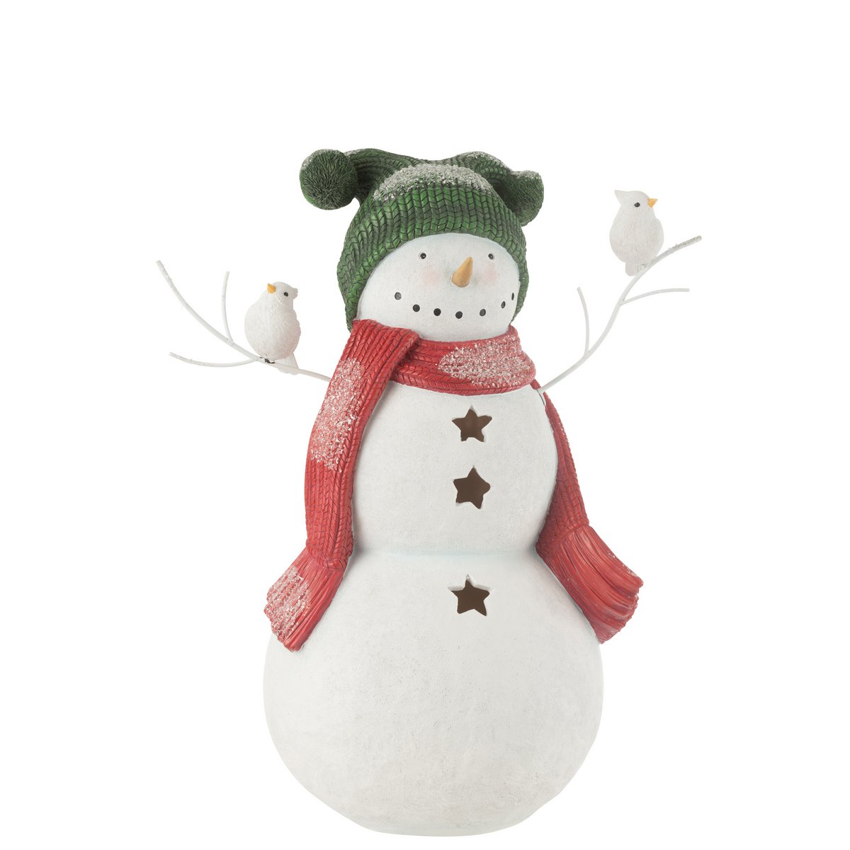 Figurine bonhomme de neige J-Line sur une table décorée pour Noël.