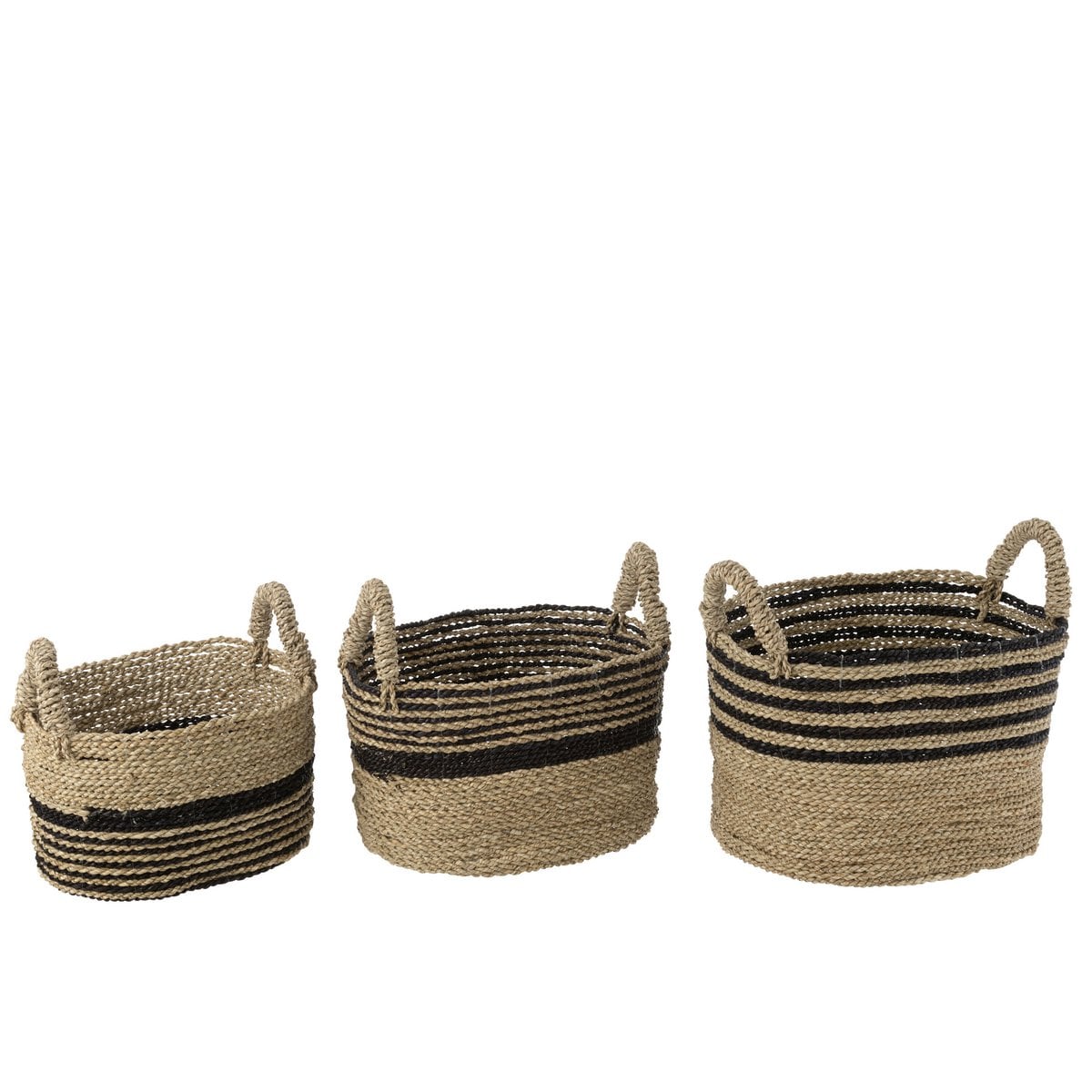 Set de trois paniers Aline en raphia noir et naturel, vue de face