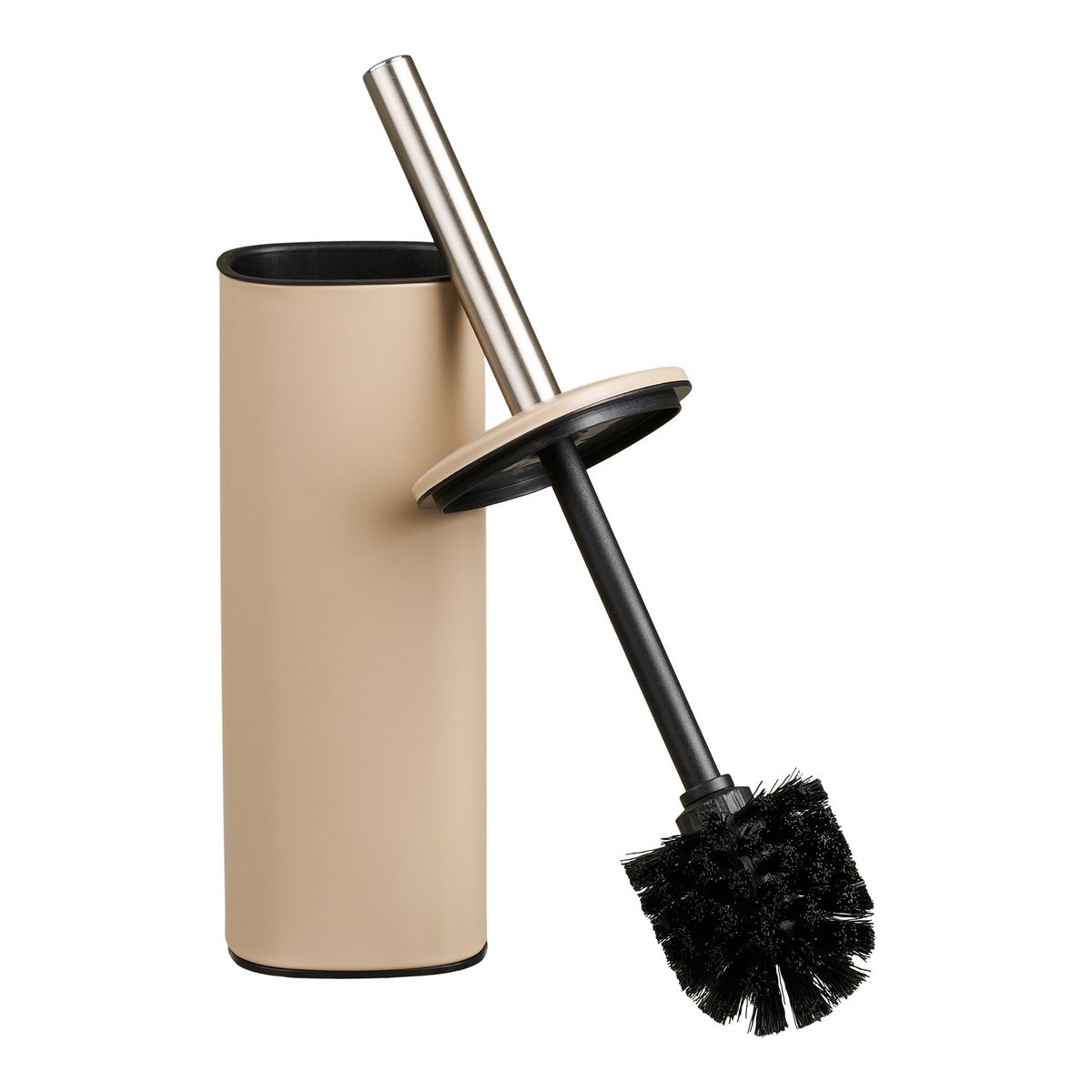 Vue rapprochée de la brosse de toilette Lodi beige et son support