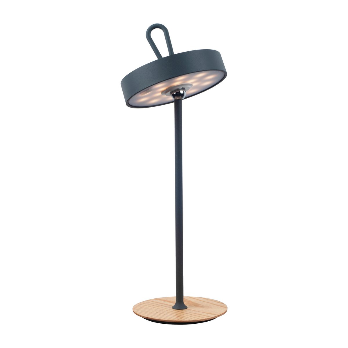 Lampe de table LED magnétique en métal gris, vue de face