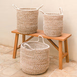 Panier à linge panier de rangement rond GUNUNG en fibre de bananier avec motif macramé en coton