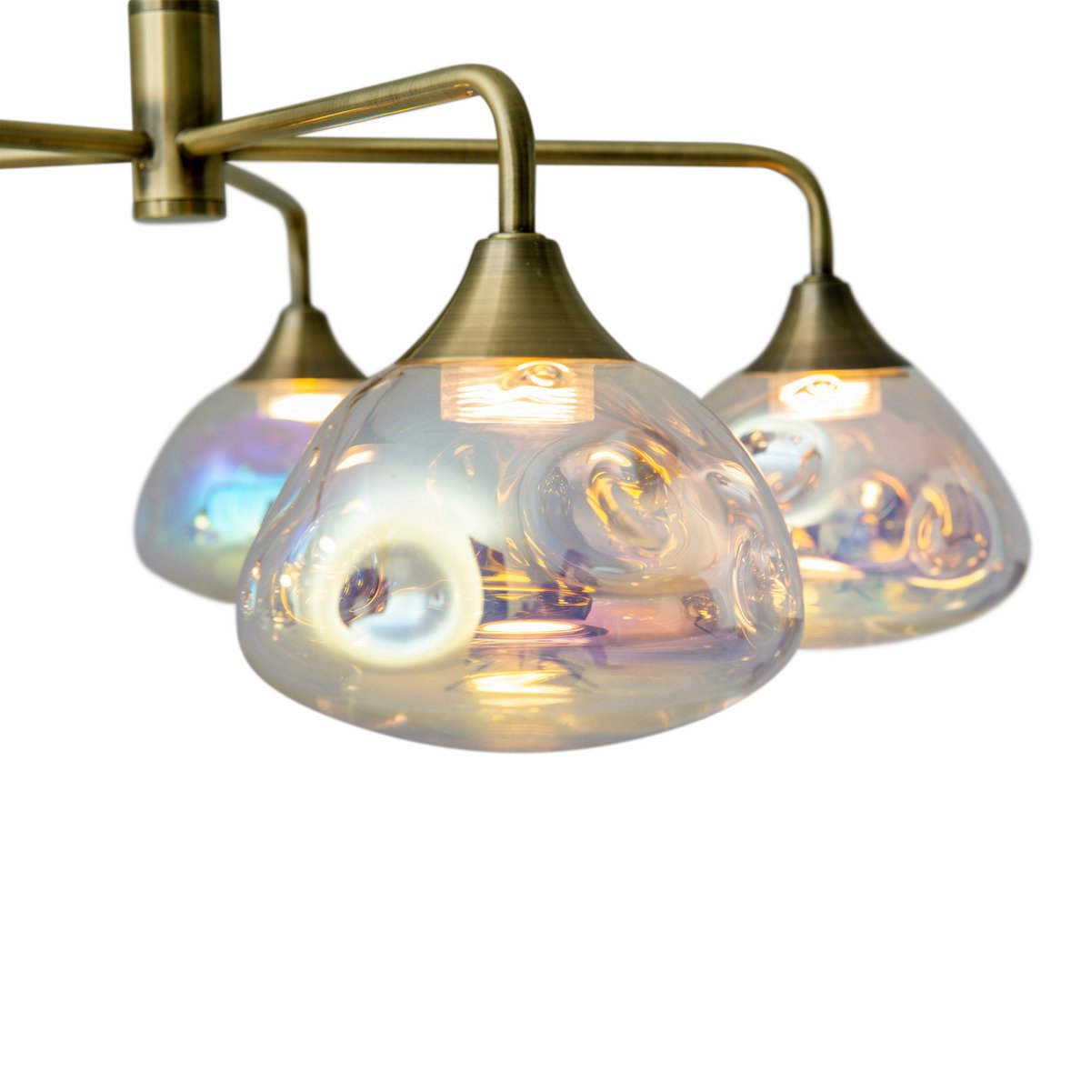 Lampe pendentive LED Varna en laiton avec verre irisé, vue de face