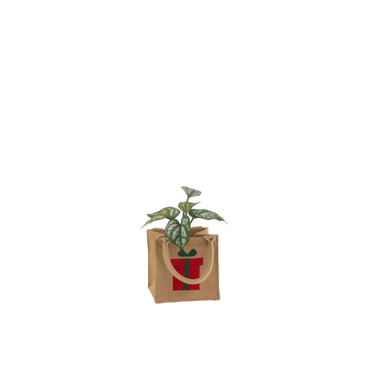 Sac Cadeau J-Line en jute brodé, vue de face avec motifs rouges