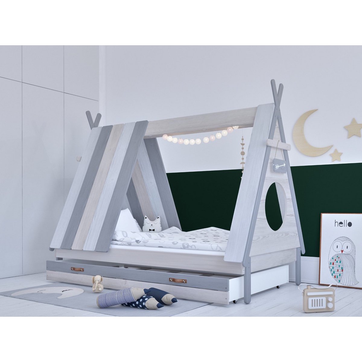 Vue latérale du lit enfant Moebilia avec tiroir fermé