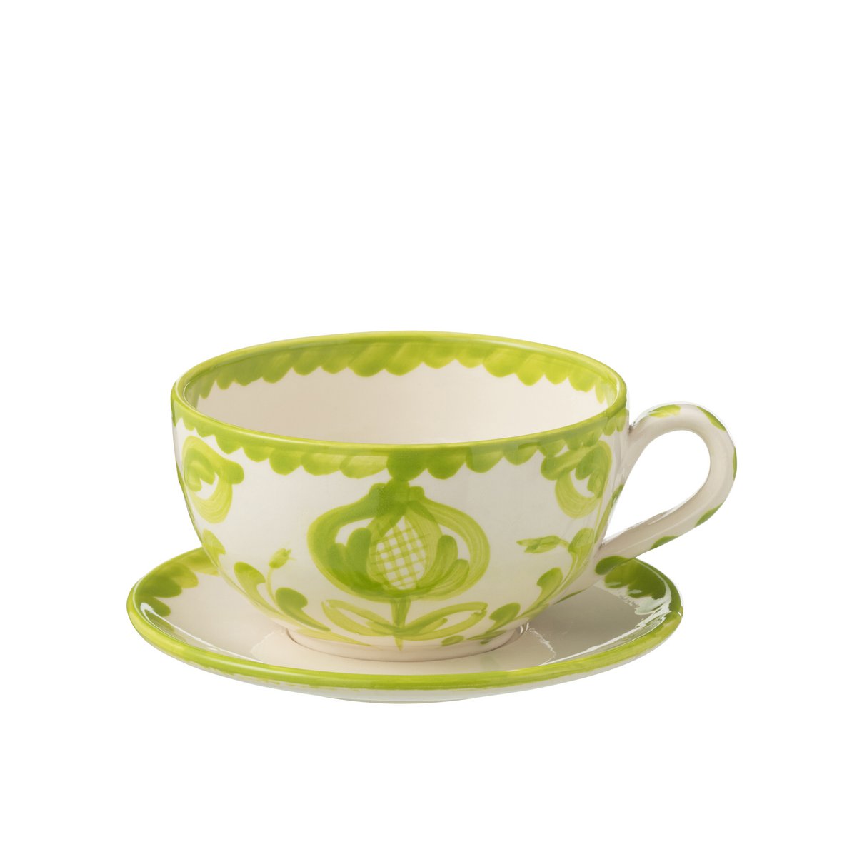 Tasse J-Line Grenade en céramique blanche et verte avec soucoupe