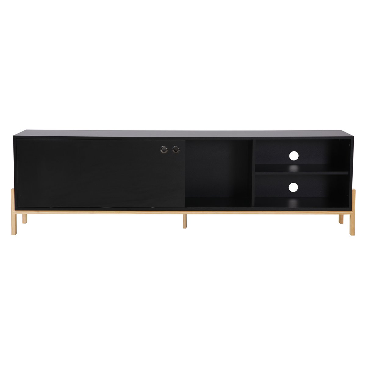Table basse en bois noir avec porte coulissante et compartiments visibles