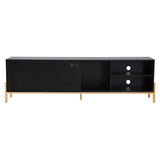 Table basse en bois noir avec porte coulissante et compartiments visibles