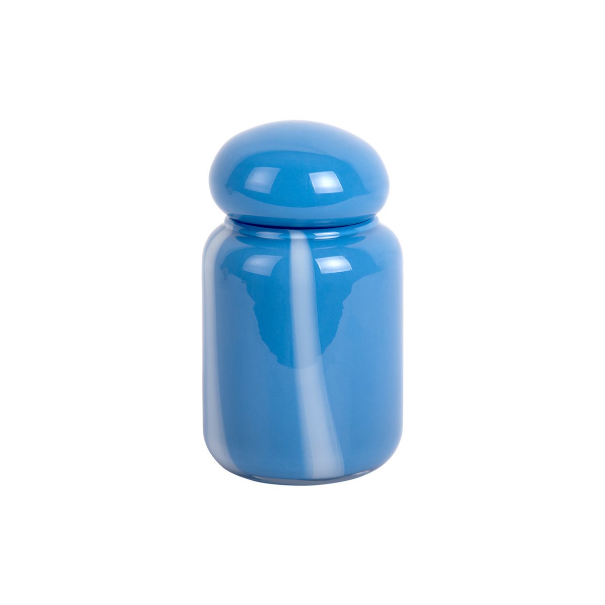 Vase Dulce Raya Petit en verre bleu avec rayures blanches, vue de face