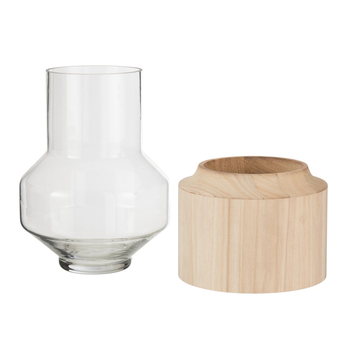Vase J-Line en bois et verre, vue de face avec fleurs