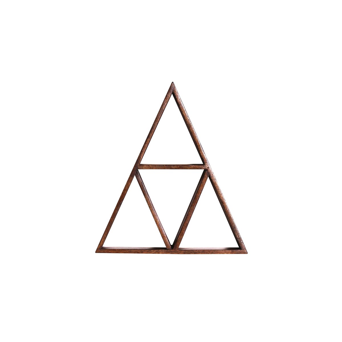 Étagère murale bohème en bois de manguier avec design triangulaire.