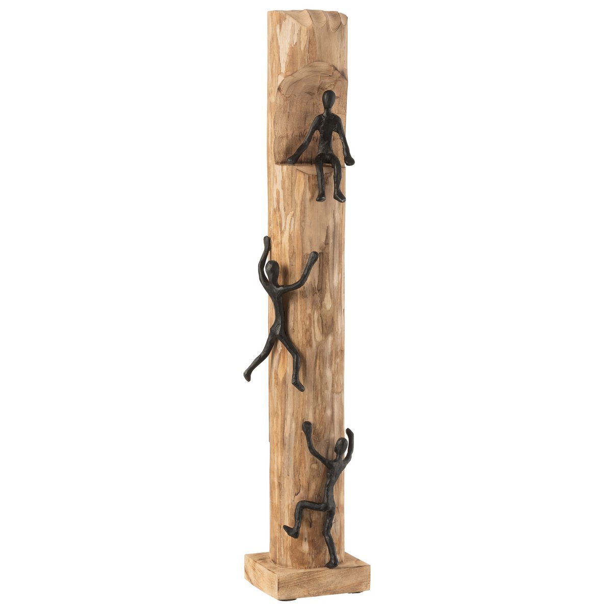 Figurines grimpantes J-Line en aluminium noir sur base en bois, style moderne et industriel.