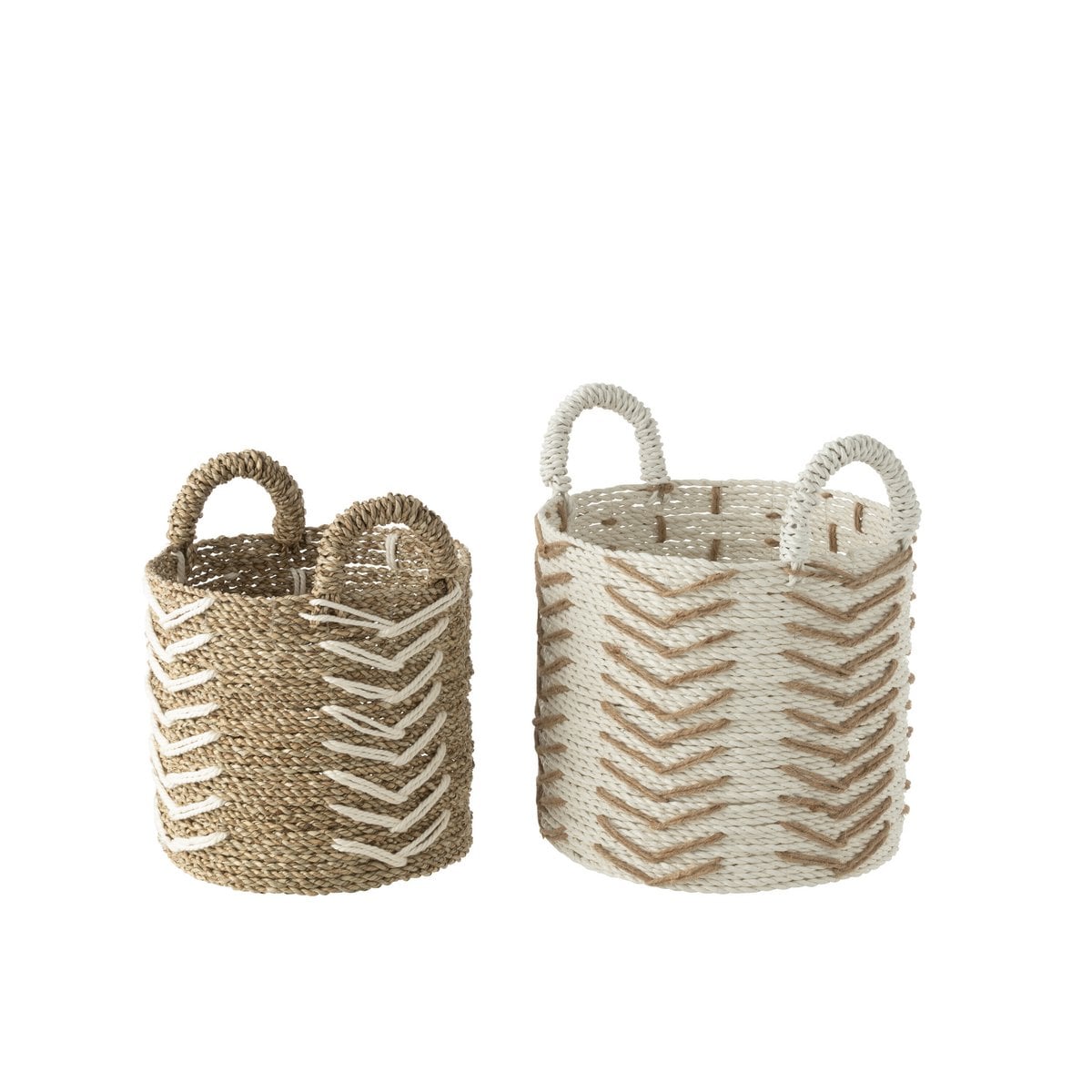 Set de deux paniers Chevron en raphia blanc et naturel, vue d'ensemble