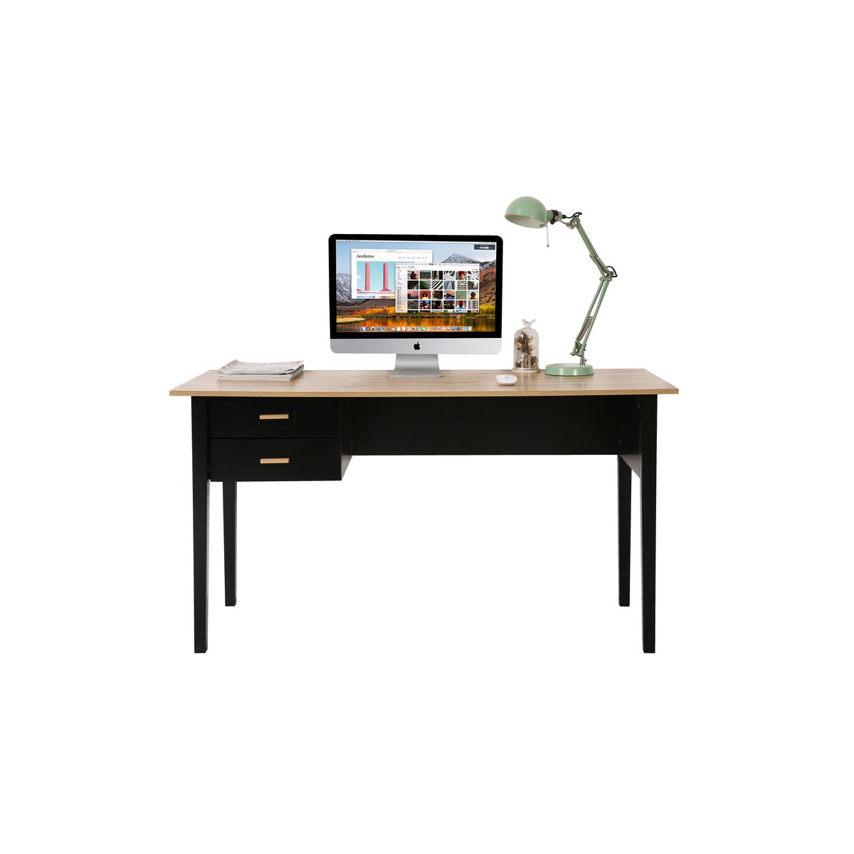 Vue latérale du bureau noir moderne avec pieds en bois