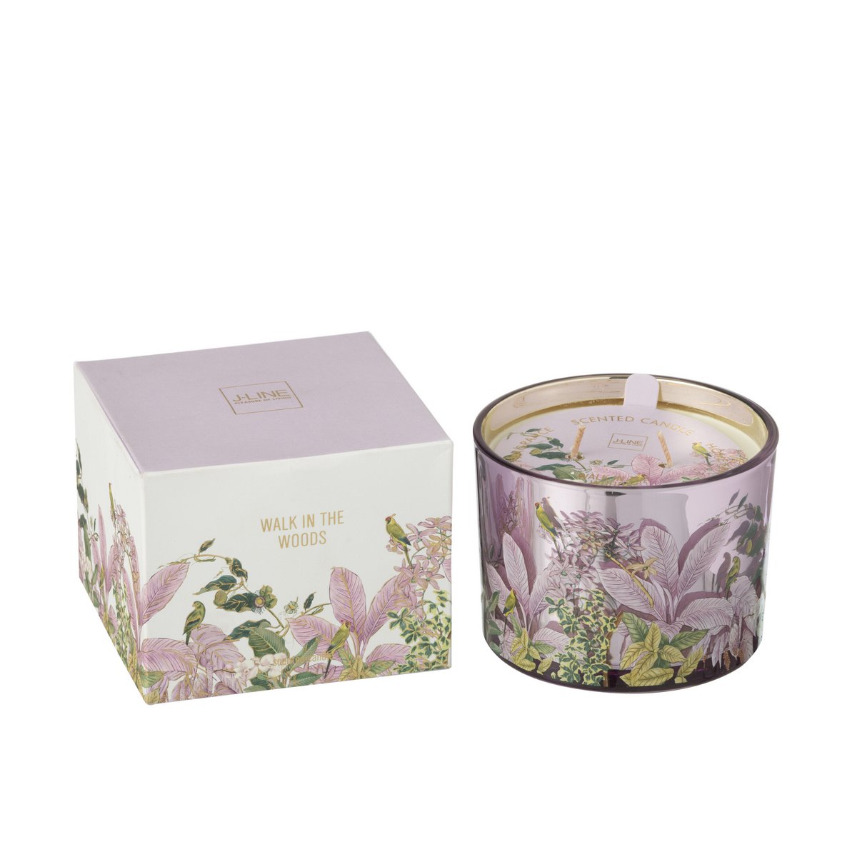 Bougie parfumée J-Line Walk In The Woods - ambiance chaleureuse avec décor floral.