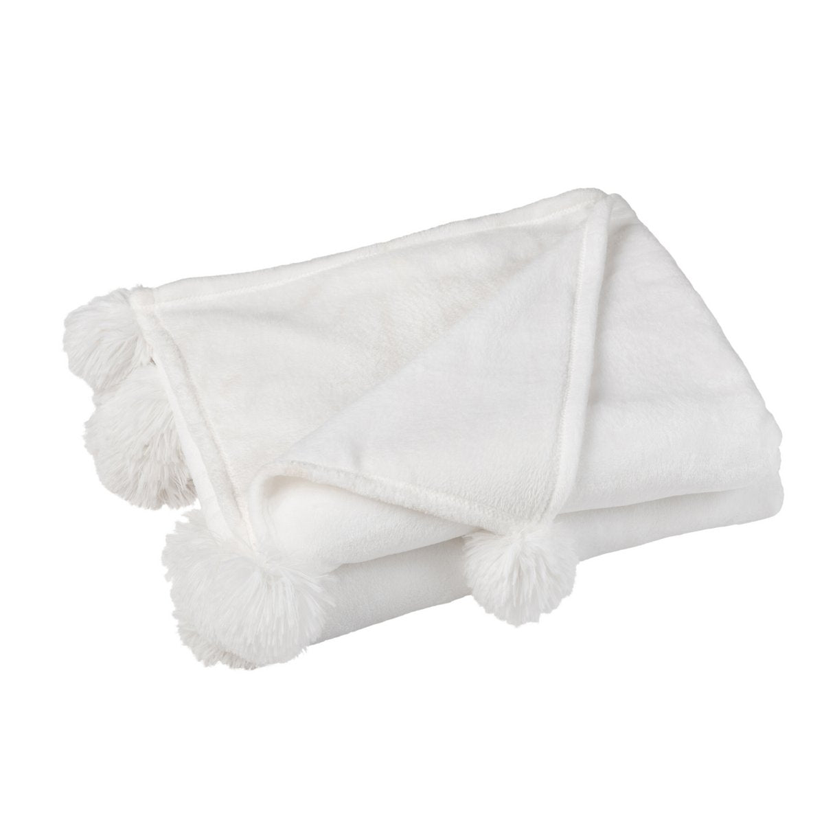 Plaid Pompon J-Line en polyester blanc avec pompons et motif à carreaux