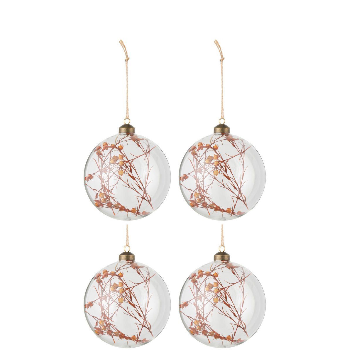 Coffret de 4 boules de Noël J-Line en verre transparent avec fleurs séchées rouille