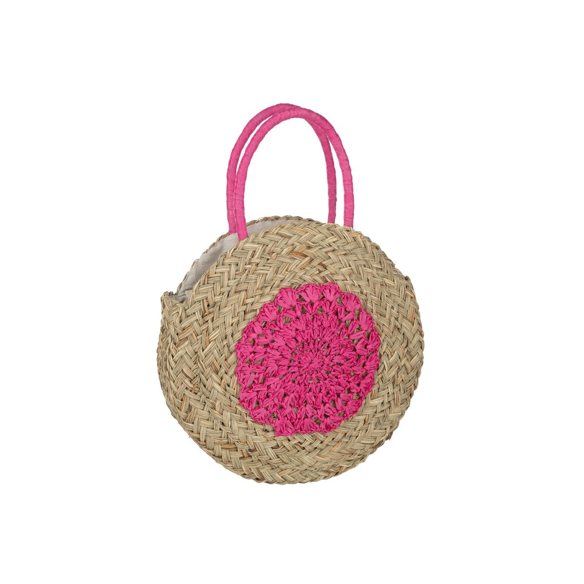 Sac de Plage Rond Fleur Jonc de Mer avec motif floral en fuchsia