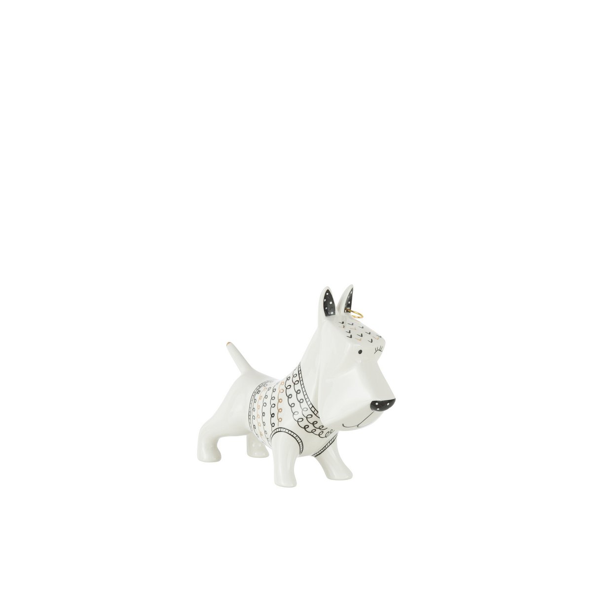 Figurine chien en céramique noir et blanc de J-Line, vue de face