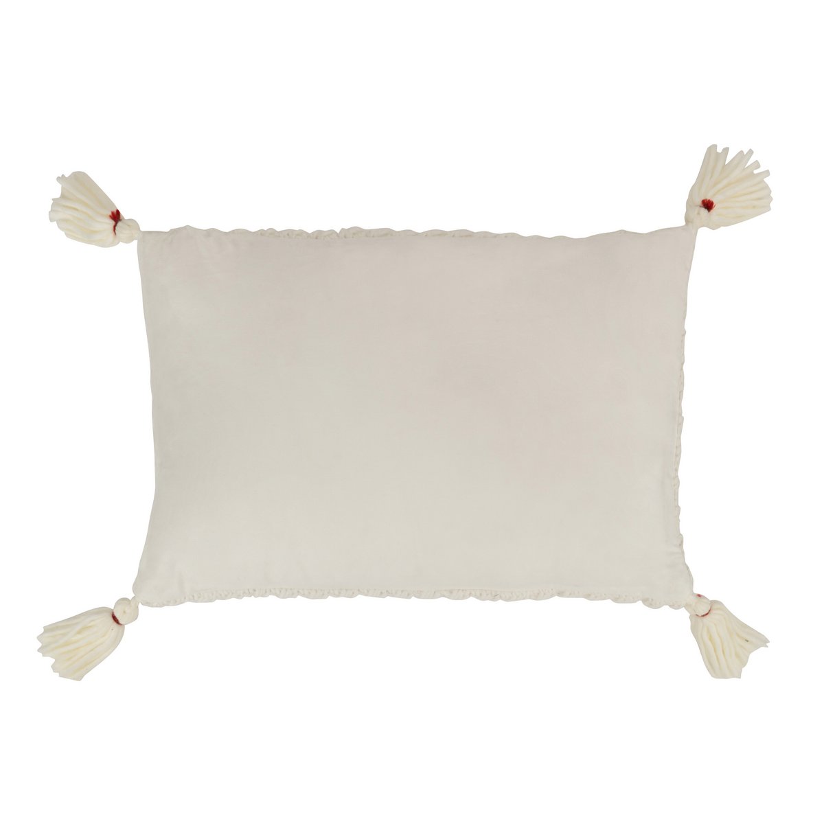 Détail du crochet et pompons du coussin J-Line blanc