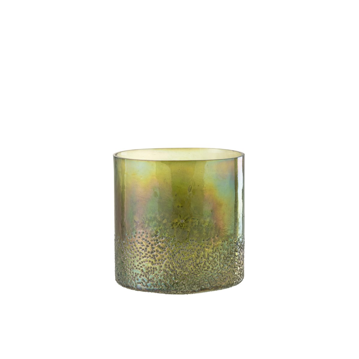 Lanterne J-Line en verre vert, mise en scène dans un salon bohème.