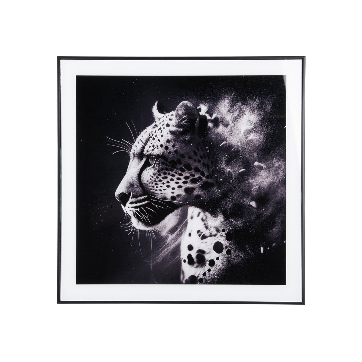 Photo d'art Léopard encadrée, vue de face avec cadre noir mat